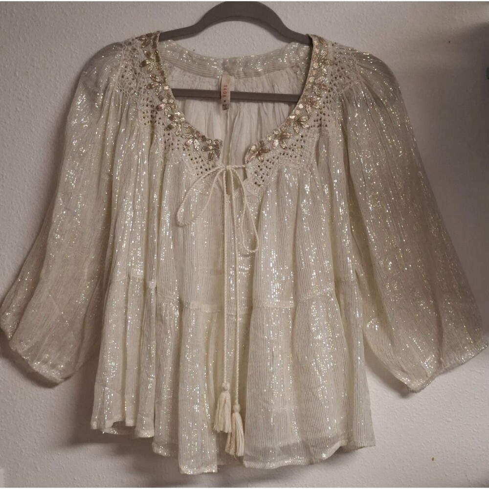Beautiful RAGA Boho Chiffon Blouse Ivory Gold Embroidered Beaded Long Sleeve M